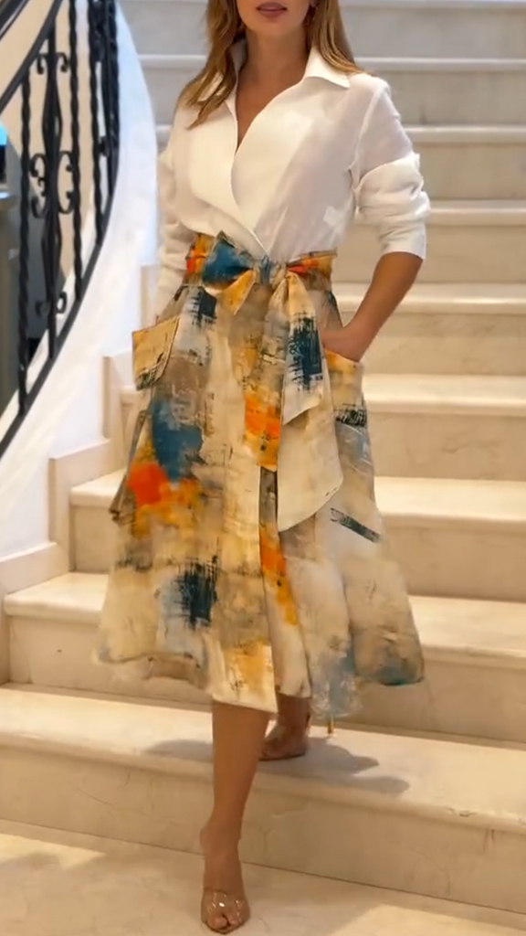 Women Lapel Shirt + Printed Skirt Casual Suit