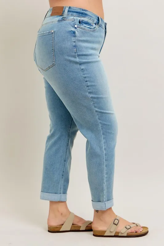 Blue Full Size V-Front Cuff Boyfriend Jeans Plus Size