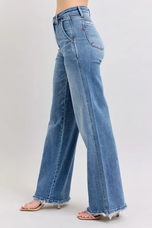Blue Full Size Raw Hem Wide Leg Jeans Plus Size