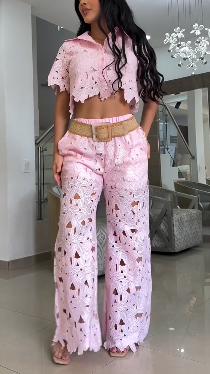 Women Lapel Print Hollow Irregular Top + Pants Casual Suit